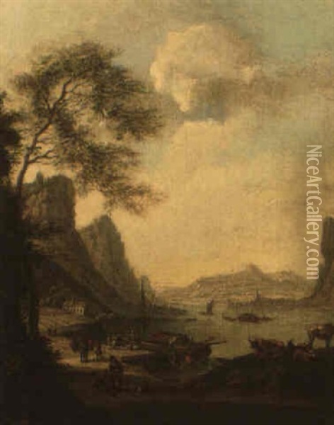 Mountainous River Landscape With Figures Unloading A Boat And Cattle Nearby Oil Painting - Jan Griffier the Elder