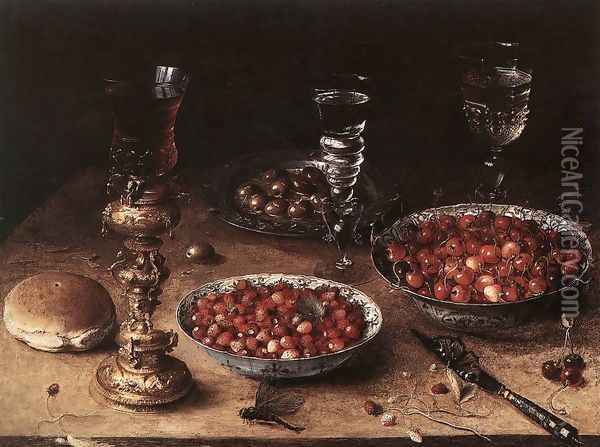 Still-Life with Cherries and Strawberries in China Bowls 1608 Oil Painting - Osias, the Elder Beert