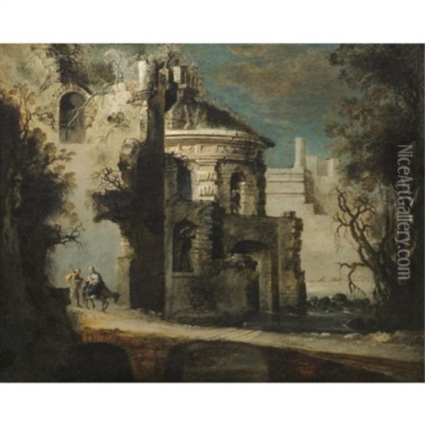 An Architectural Capriccio Of Roman Ruins With The Flight Into Egypt Oil Painting - Francois de Nome