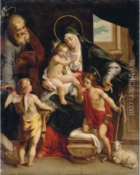 The Holy Family With The Young Saint John The Baptist And An Angel Oil Painting - Denys Fiammingo Calvaert