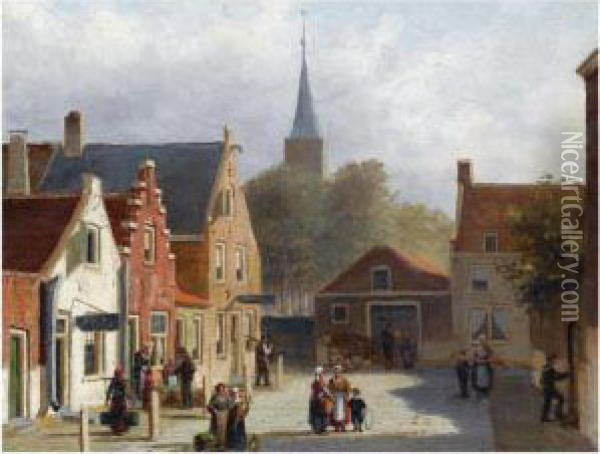 Many Figures On The Sunlit Square Of A Dutch Town Oil Painting - Frederick Hulk Johannes