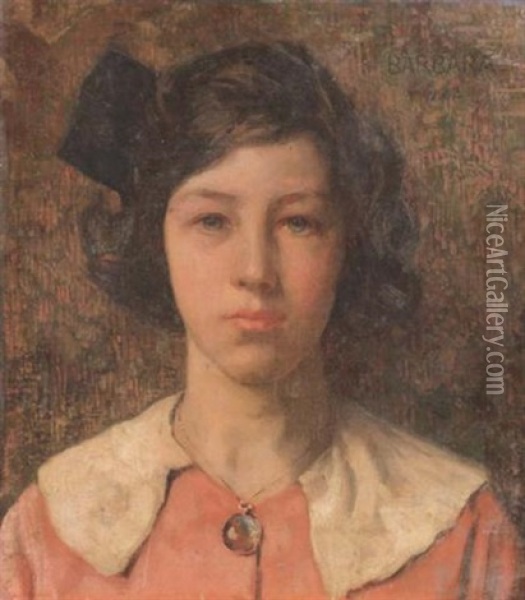 Portrait Of Barbara Hall, The Artist's Daughter Aged 13, In A Pink Dress With A White Collar Oil Painting - Frederick Hall