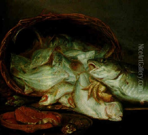 A Still Life Of Assorted Fish In A Basket With Crabs, Salmon And Oysters On A Barrel Oil Painting - Abraham van Beyeren