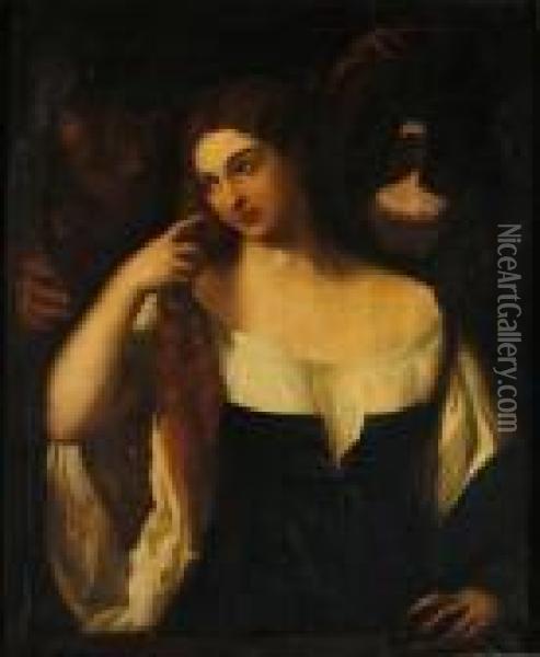Woman With A Mirror Oil Painting - Tiziano Vecellio (Titian)