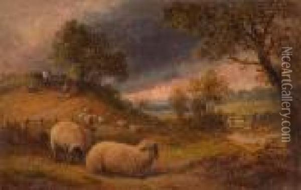 Sheep And Figures In A Landscape At Dusk Oil Painting - John Linnell
