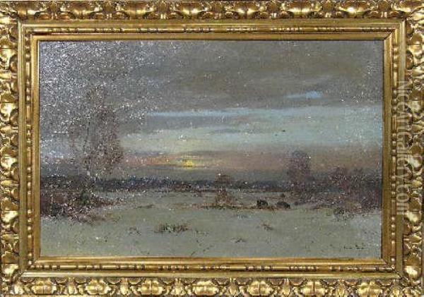 Romantischewinterlandschaft Mit Wildschweinrotte Im Gegenlicht Der Abendsonneu Oil Painting - Franz Xaver Fuchs