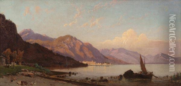 Veduta Del Lago Di Nemi Con Barca E Pescatore A Riva Oil Painting - Hermann David Salomon Corrodi
