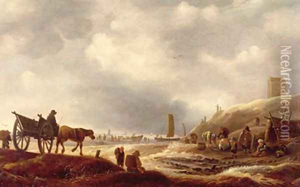 Fishermen displaying their catch in the dunes a beach beyond Oil Painting - Willem Kool or Koolen