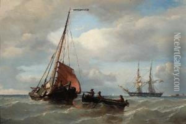 A Rowing-boat Approaching A Fishing Smack, A Dutch Frigat At Anchorin The Distance Oil Painting - Petrus Paulus Schiedges