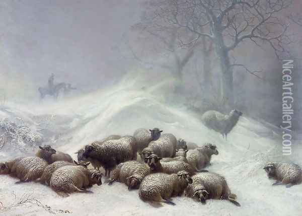 Sheep in a Snowstorm, 1881 Oil Painting - Thomas Sidney Cooper