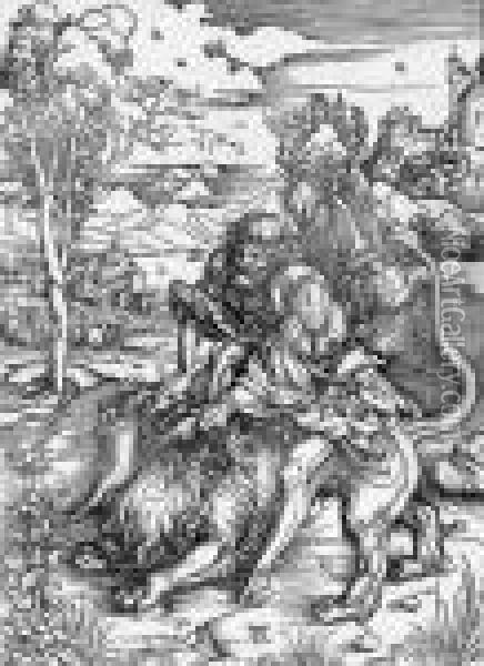 Samson Fighting The Lion Oil Painting - Albrecht Durer