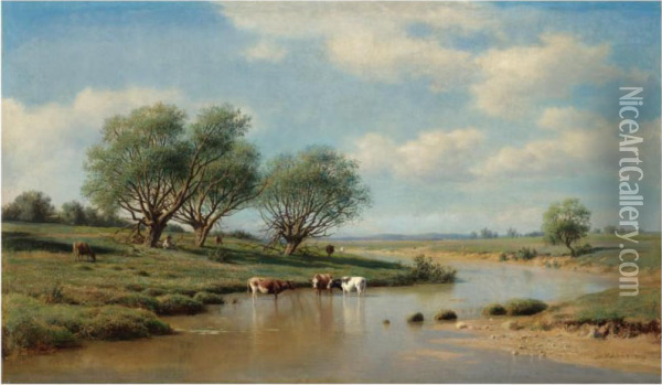 Cattle Watering Oil Painting - Michail Konstantin Klodt Von Jurgensburg