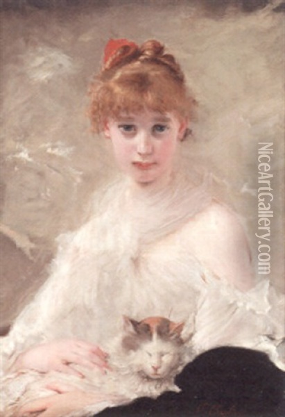La Jeune Fille Au Chat Oil Painting - Charles Joshua Chaplin