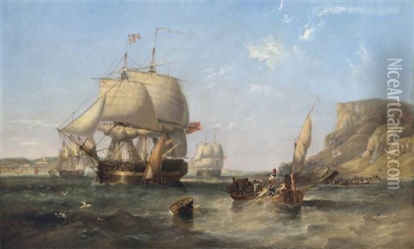 Hms Donegal, 74-guns, Flying The Flag Of Rear-admiral Sir John Ommanney, Heading Down The Tagus Past The Church Of Santa-engracia, The River Crowded With Small Craft Including A Portuguese Royal Barge, And The Vessel Astern Of The Flagship Almost Certainl Oil Painting - John Wilson Carmichael