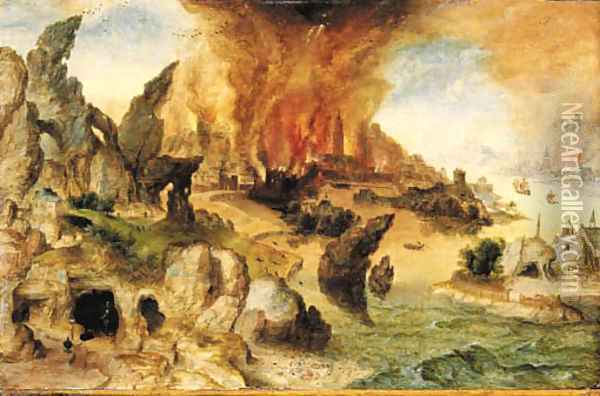 A mountainous landscape with Lot and his Daughters, the Destruction of Sodom and Gomorrah beyond Oil Painting - Herri met de Bles