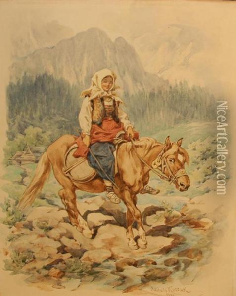 Woman Riding On Horseback Through The Mountains Oil Painting - Juliusz Kossak