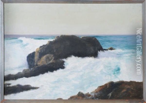 Waves Crashing On The Rocks Oil Painting - Lockwood de Forest