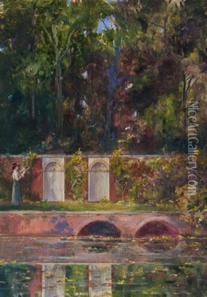 A Quiet Corner, Hampton Court Grounds (sketch) Oil Painting - Thomas Ralph Spence