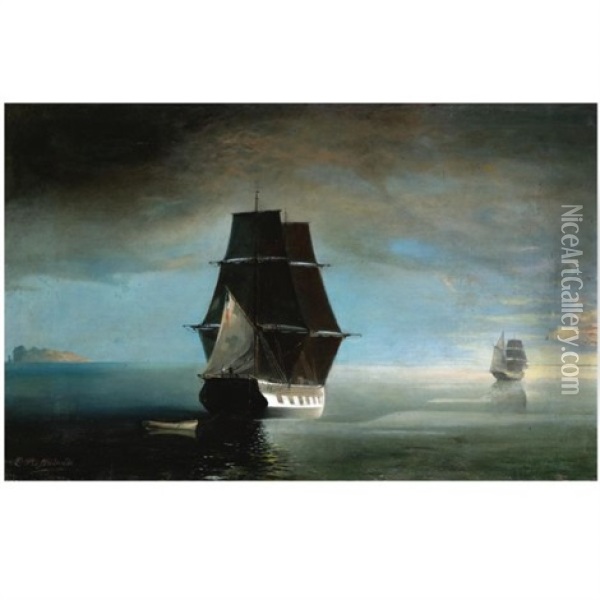 Ships At Sea Oil Painting - Helen Prosalentis