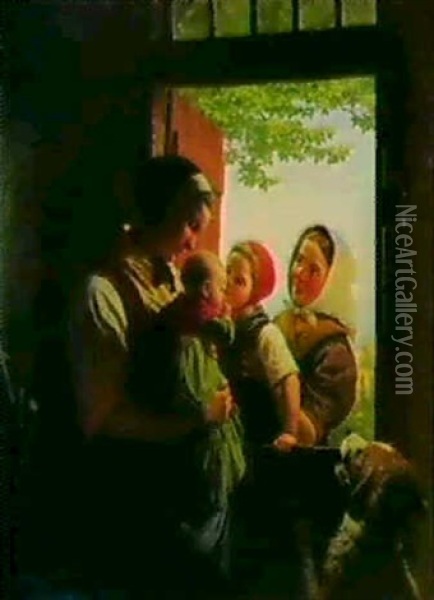 Moder Med Sit Barn Ved Halvdoren,                           De Sma Naboer Oil Painting - Johann Julius Exner
