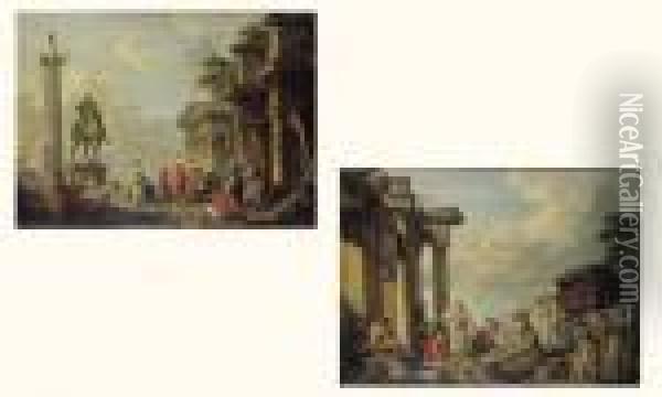- Caprice Architectural Avec Le Temple De Vesta A Tivoli Oil Painting - Giovanni Niccolo Servandoni