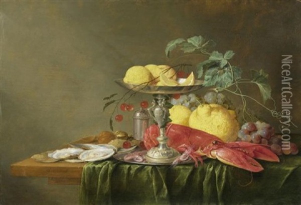 Stillleben Mit Silbertazza, Hummer, Obst Und Austern Oil Painting - Jan Davidsz De Heem