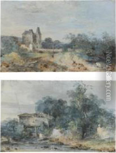 A Pair Of Landscapes, One With A Small Castle, The Other With A Rustic Building Oil Painting - Louis-Gabriel Moreau the Elder