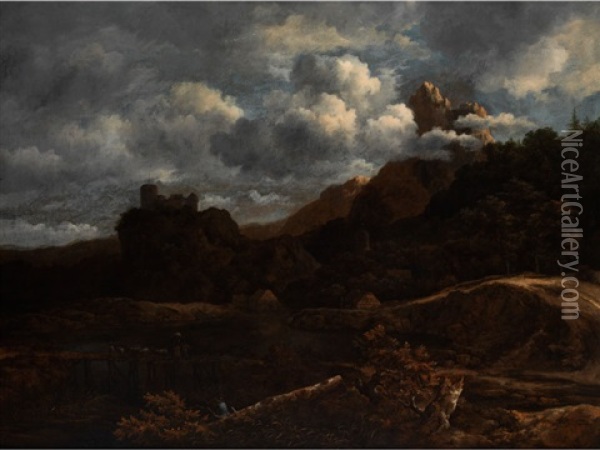 Flusslandschaft Mit Holzbrucke, Felsigen Hohenzugen Und Erhoht Stehender Burganlage Oil Painting - Jacob Van Ruisdael