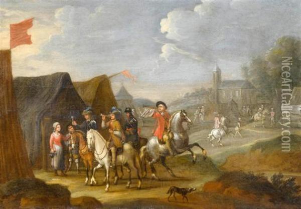 Riders Before A Market Tent Oil Painting - Pieter Wouwermans or Wouwerman