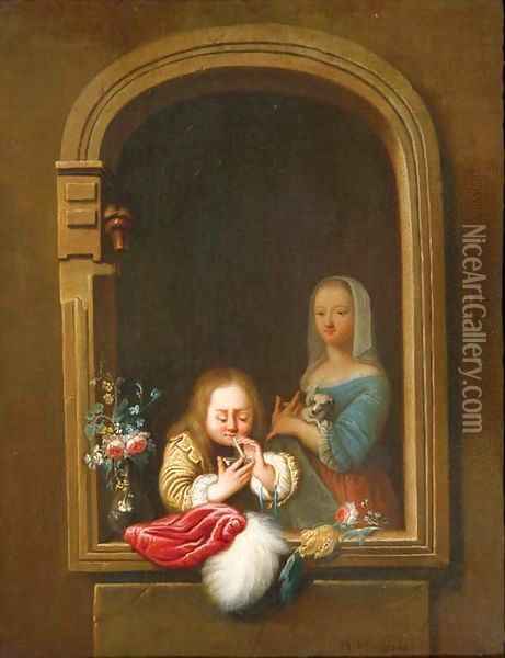A boy in a window blowing bubbles, a girl with a dog in her arms behind Oil Painting - Frans van Mieris