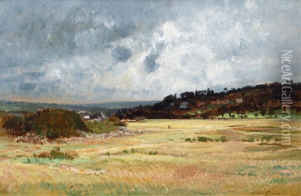 Cloud-covered Sky Over French Landscape Oil Painting - Albert Girard