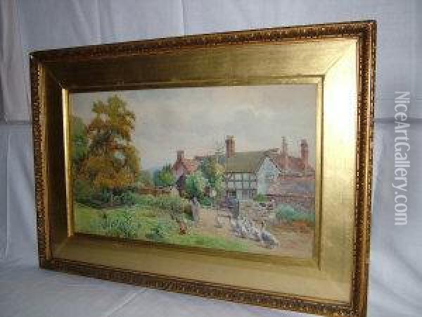 A Study Of A Country House With A Paddock, Geese And Hens Oil Painting - Arthur Netherwood