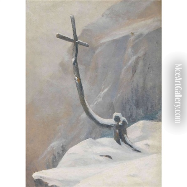 Verschneite Berglandschaft Mit Wegkreuz Oil Painting - Albert Henri John Gos