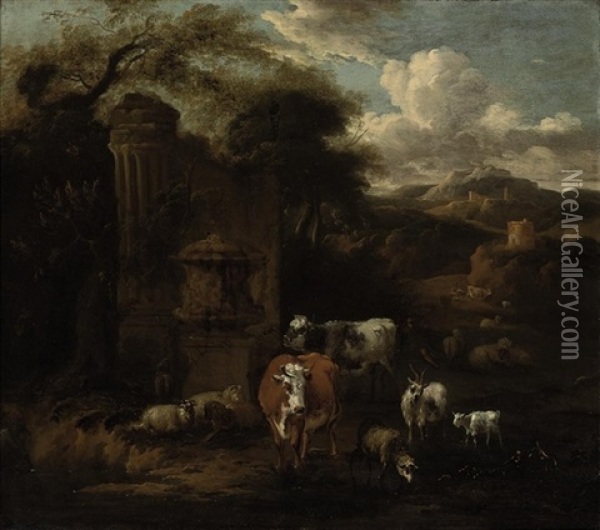 A Mountainous Landscape With A Herd Of Cattle, Sheep And Goats At Water, By Classical Ruins Oil Painting - Michiel Carree