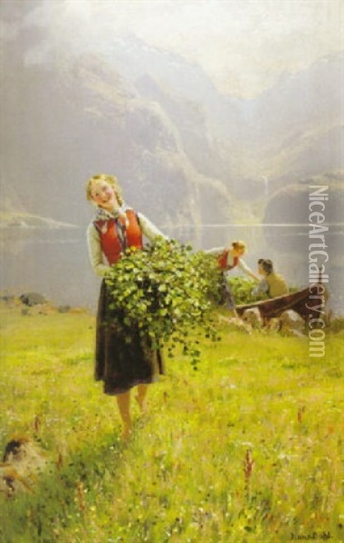 Fjordlandskap Med Flicka Som Samlar Bjorkris Oil Painting - Hans Dahl