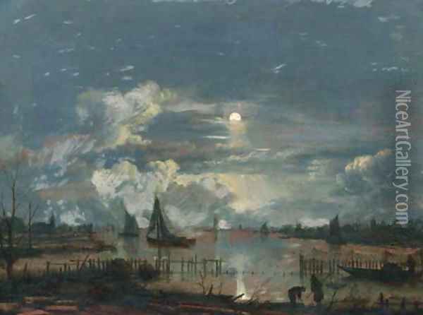 A moonlit riverlandscape, with shipping and fishermen on the shore inspecting their nets and lobsterpots Oil Painting - Aert van der Neer
