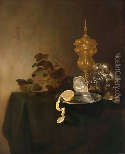 A Still Life Of A Tazza, A Peeled Lemon On A Pewter Plate, A Silver-Gilt Cup With Cover And Grapes Oil Painting - Jan Davidsz. De Heem