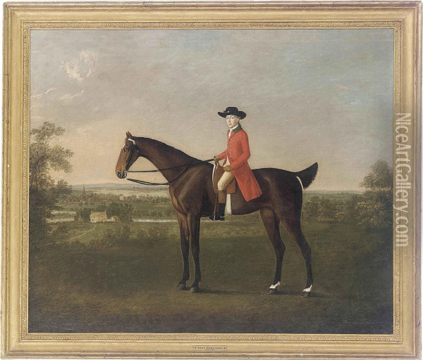 A Gentleman With His Hunter, An Extensive Landscape With Riverbeyond Oil Painting - John Boultbee