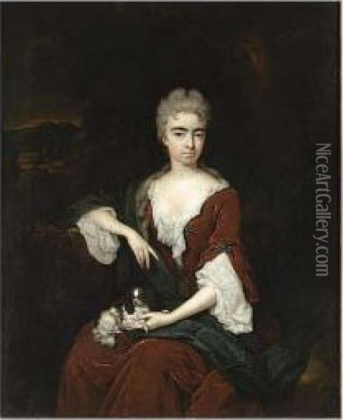 A Portrait Of A Lady, Believed 
To Be Of Lady Elisabeth Noel, Countess Of Portland (1688-1736/7), 
Seated Three Quarter Length, Wearing A Dark Red Velvet Dress And A 
Blue Shawl, Holding A Lapdog Oil Painting - Constantin Netscher