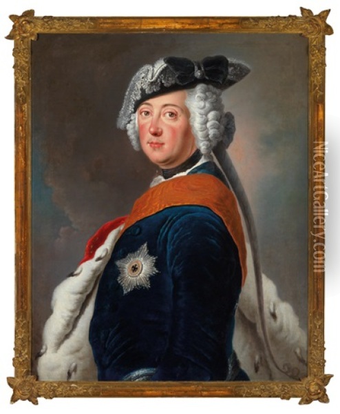 King Frederick Ii Of Prussia In A Blue Infantry Uniform With Ermine, Star, And Ribbon Of The Order Of The Black Eagle Oil Painting - Antoine Pesne