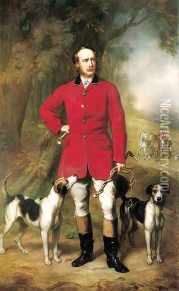 Portrait of the Hon. Ralph Nevill, full-length, in red jacket and riding britches, holding a crop in his left hand and horn in his right Oil Painting - John Lucas