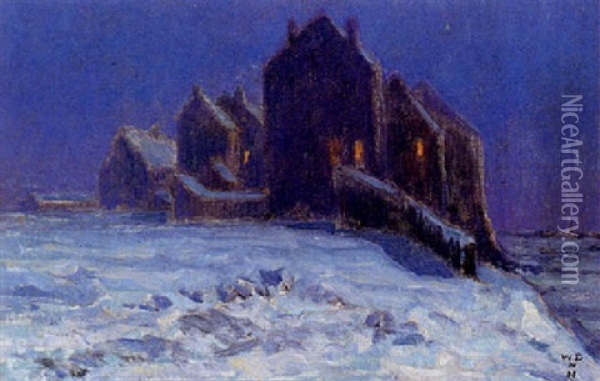 A Village In The Snow Oil Painting - William Degouve de Nuncques