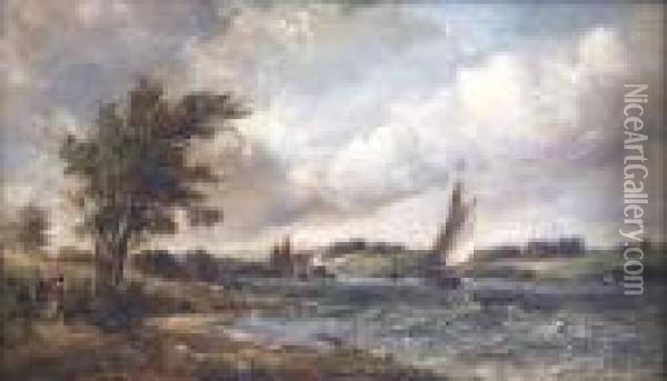 River Estuary Scene With Sailing Boats Signed Oil Painting - Alfred Vickers