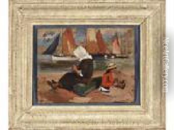 Mere Et Fillette Sur La Plage Huile S Oil Painting - Lucien Simon