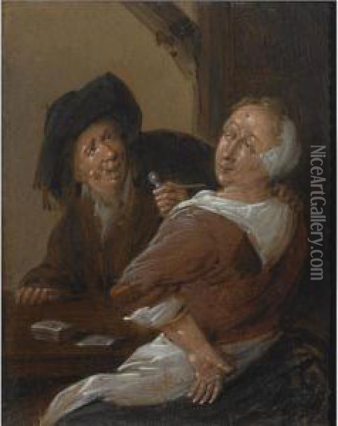 An Amourous Couple Playing Cards In An Inn Oil Painting - Jan Miense Molenaer