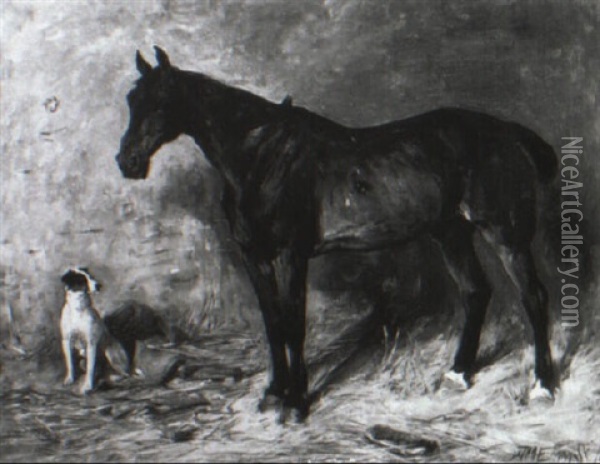 Bay Horse And A Terrier In A Stall Oil Painting - John Emms