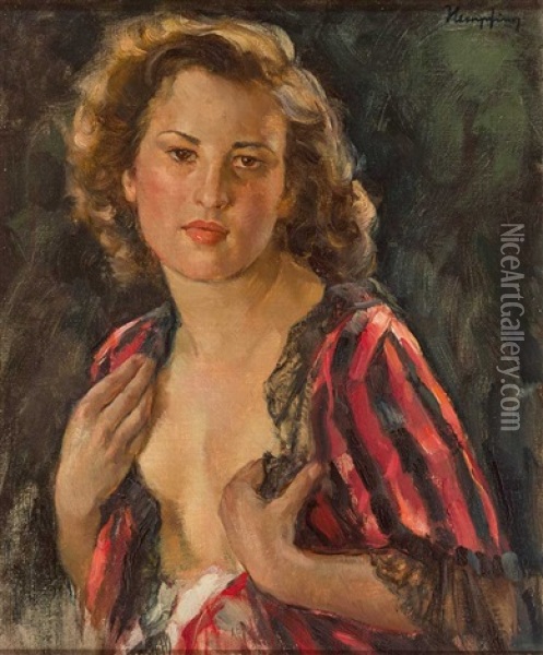 Portrait Eines Madchens Mit Geoffneter Bluse Oil Painting - Wilhelm Hempfing