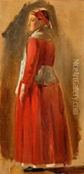 Study Of An Italian Woman Wearing A Red Dress Oil Painting - Constantin (Carl Christian Constantin) Hansen