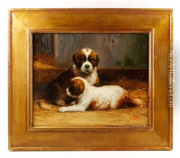 Two Puppies Oil Painting - Jean Lefort