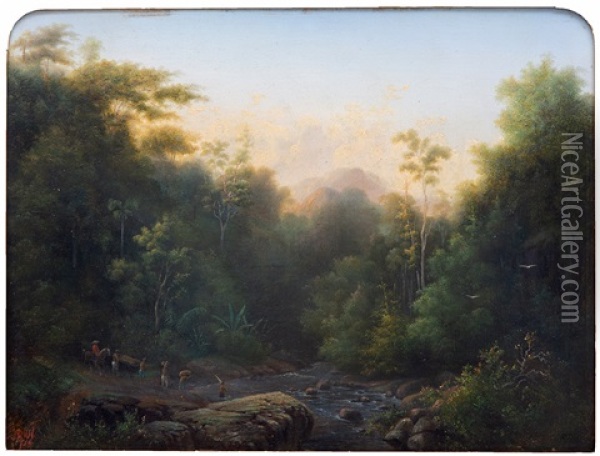 Tropical Forest Landscape On Java With Travellers Passing A River Oil Painting - Jacob Dirk Van Herwerden